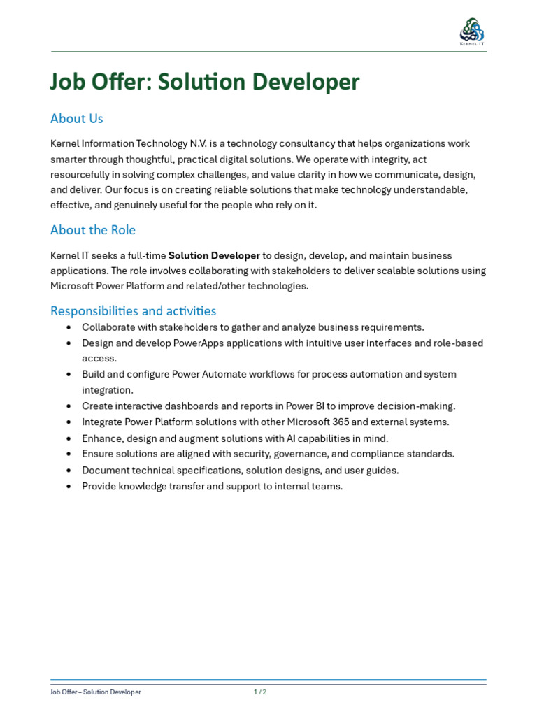 Job Offer Kernel IT - Solution Developer | PDF | Automation ...