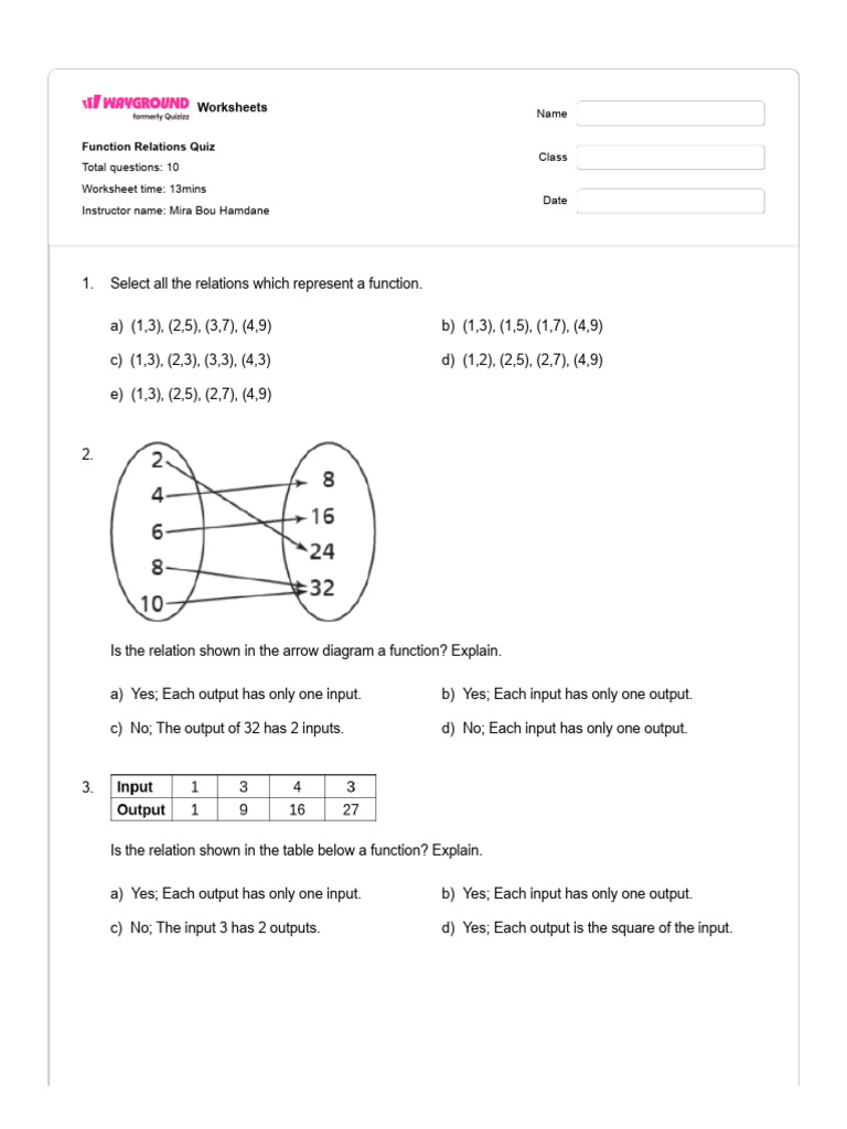 Function Relations Quiz Worksheet | PDF | Function (Mathematics ...