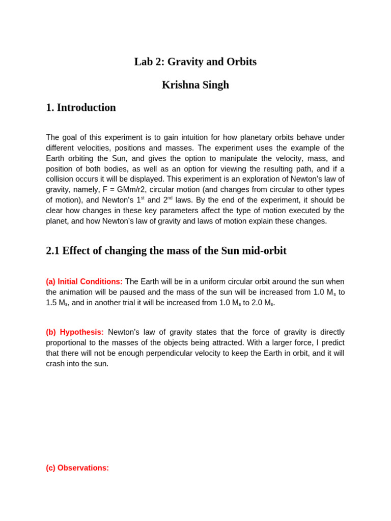 Krishna Singh - Lab 2 - Gravity and Orbits - Astronomy | PDF | Orbit ...