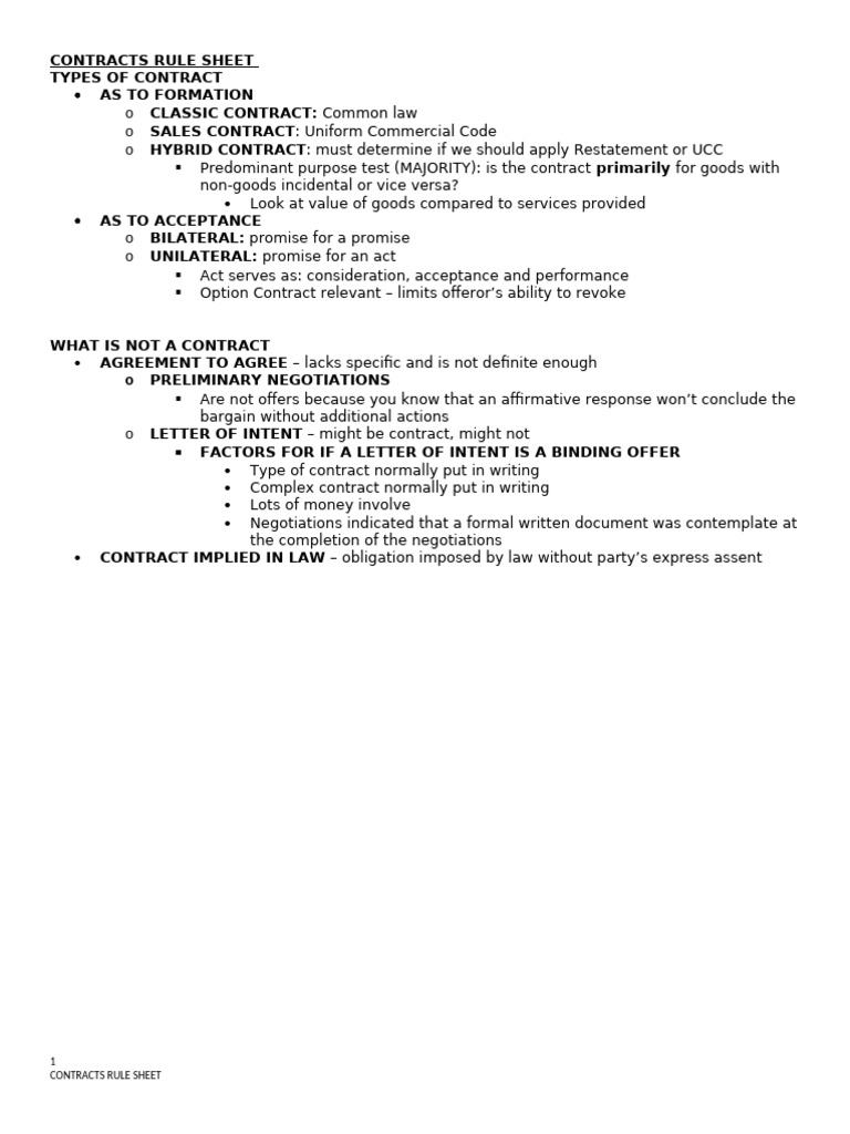 Contracts Rule Sheet Overview | PDF | Parol Evidence Rule | Offer And ...