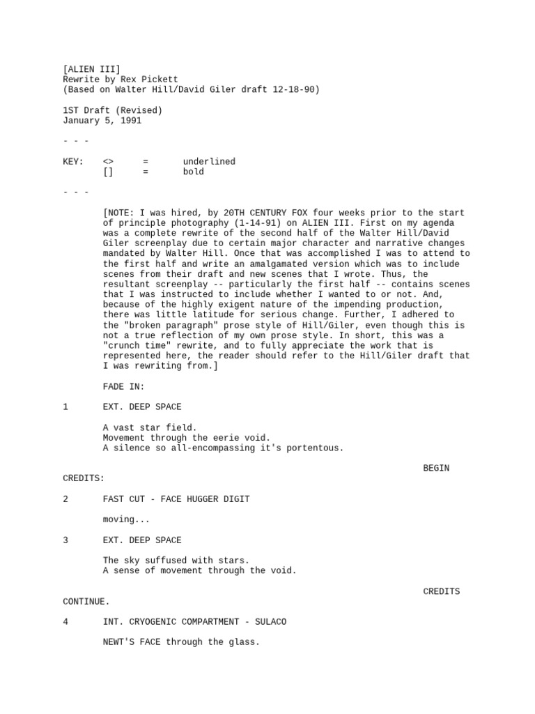 Alien III Screenplay Rewrite Overview | PDF