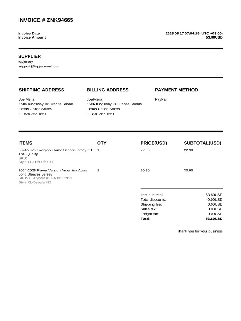 Invoice for Soccer Jerseys Purchase | PDF