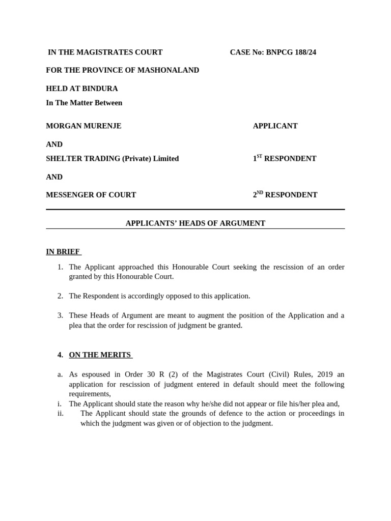 Rescission - Heads of Argument-Morgan Murenje Rescission | PDF ...