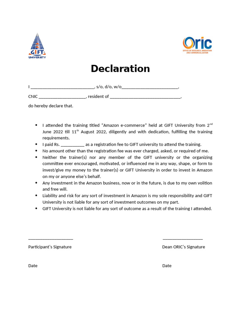 Amazon E-commerce Training Declaration | PDF