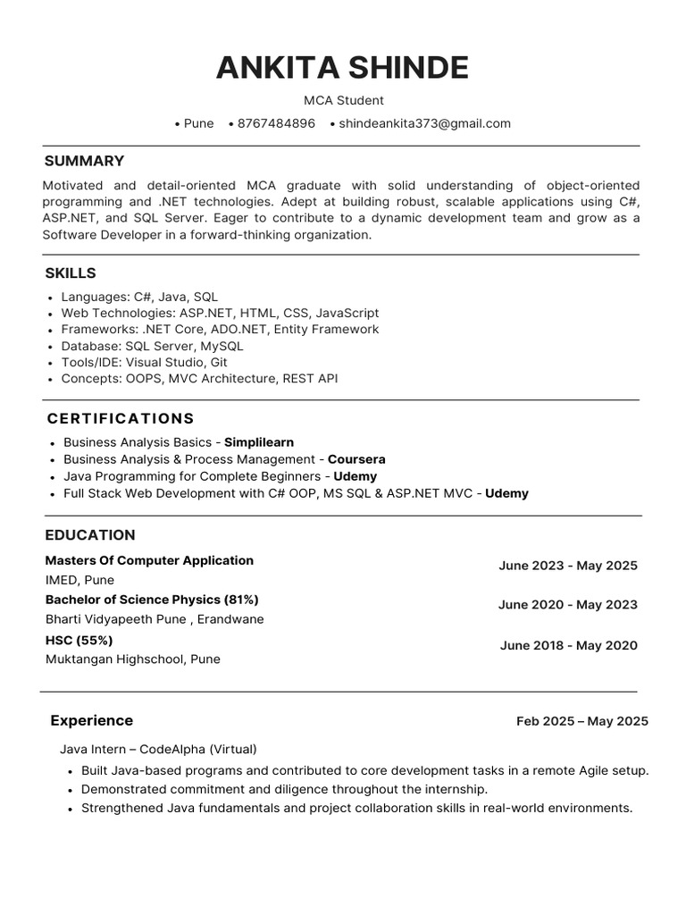 MCA Graduate Software Developer Profile | PDF
