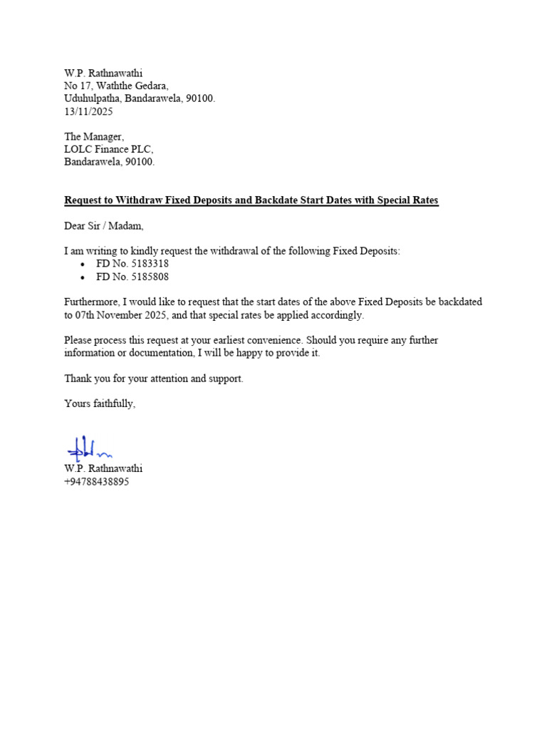 Request to Withdraw Fixed Deposits | PDF