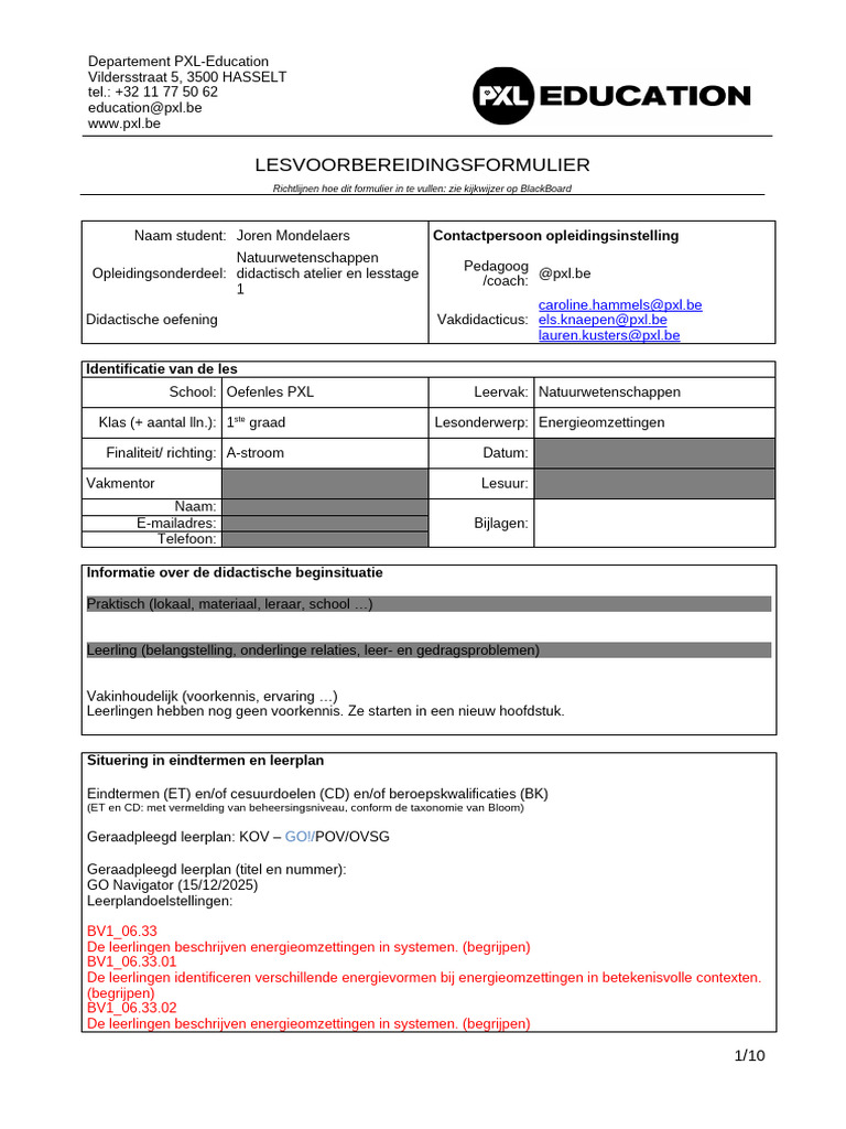 Lesvoorbereidingsformulier NW PB3 Les 1 | PDF