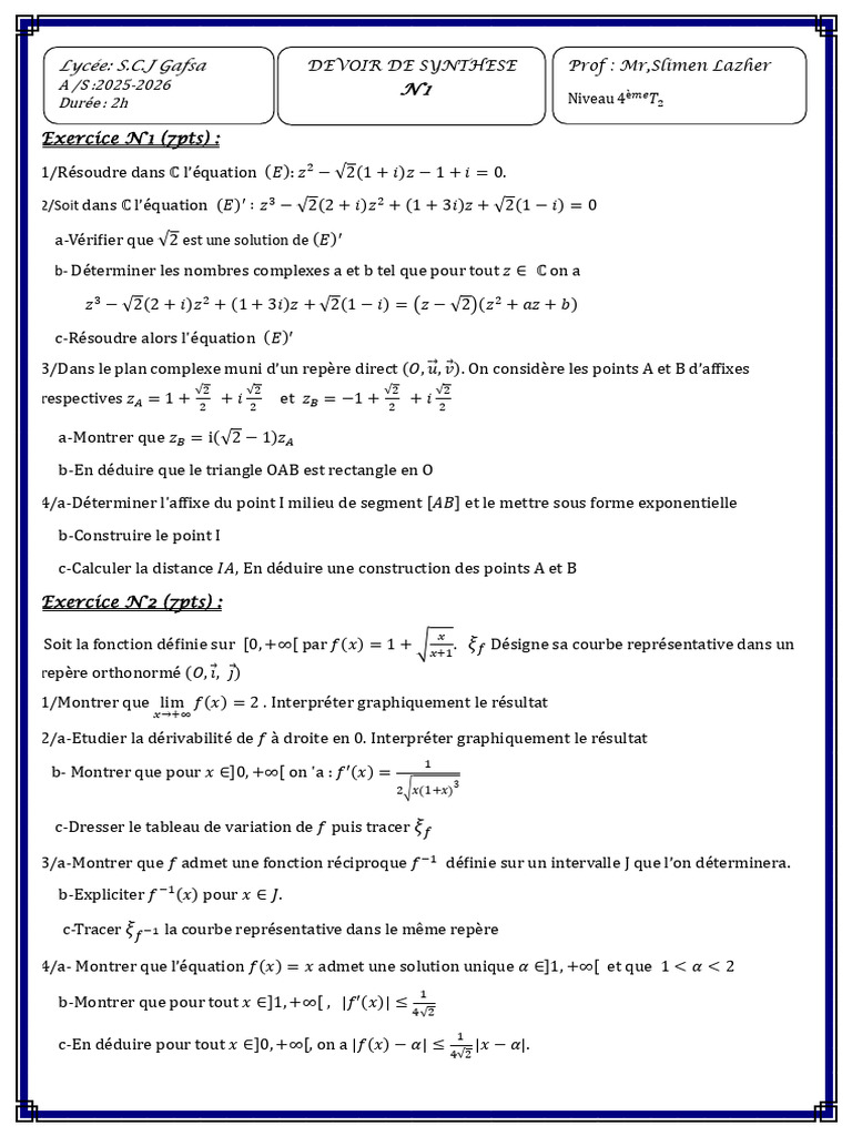 Exercices de mathématiques complexes et fonctions | PDF | Nombre ...