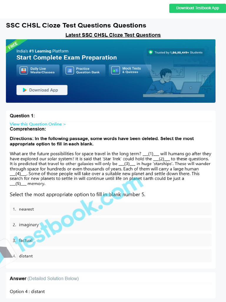 SSC CHSL Cloze Test Questions 63914d3b3b9fef3bff98a0df | PDF