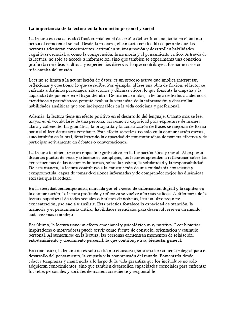 Importancia de la lectura en el desarrollo personal | PDF | Pensamiento ...