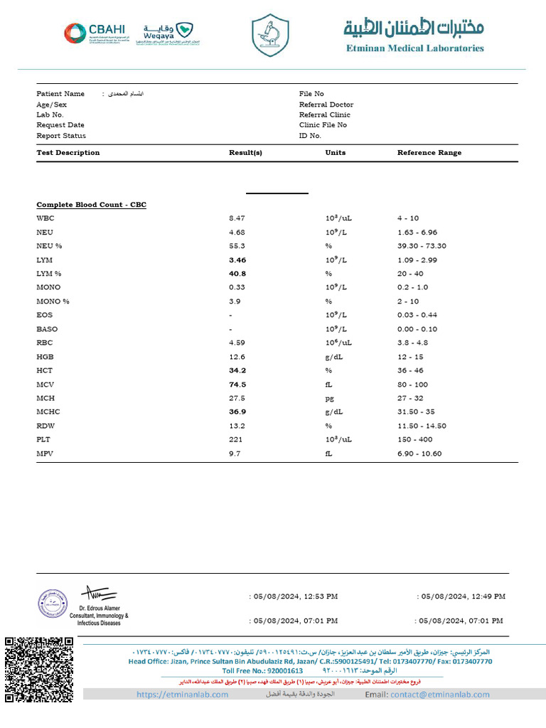 CBC Laboratory Report for Female Patient | PDF | Hematology | Blood