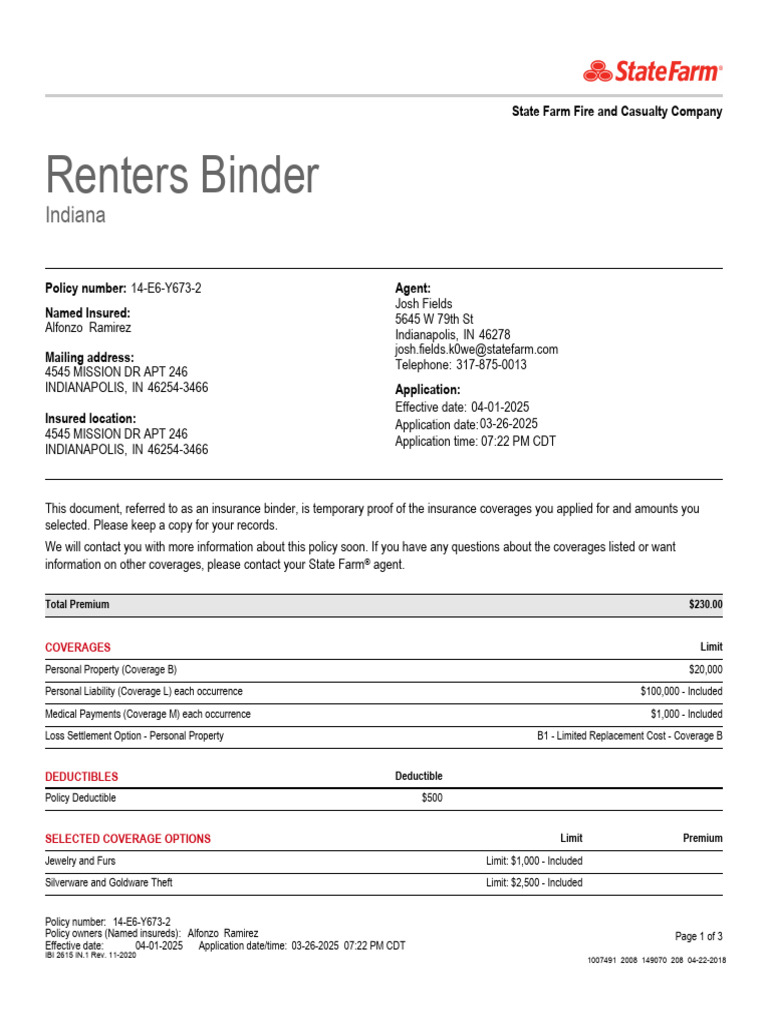 Renters Insurance Binder | PDF | Insurance | Deductible
