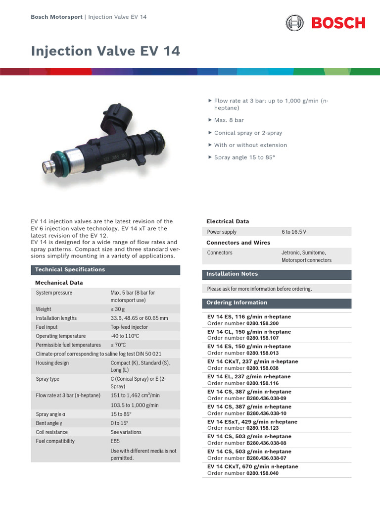 Bosch EV 14 Injection Valve Specs | PDF