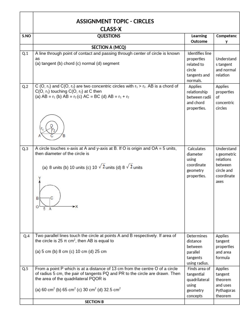 Circle Geometry Assignment for Class X | PDF | Circle | Tangent