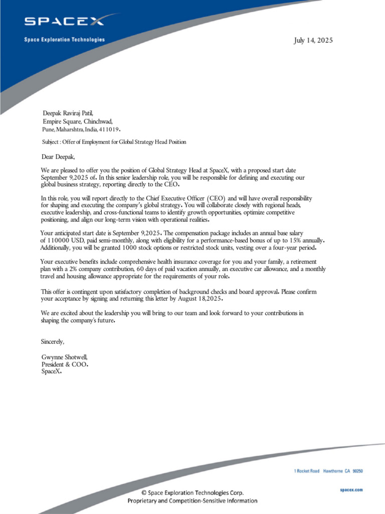 SpaceX Job Offer: Global Strategy Head | PDF