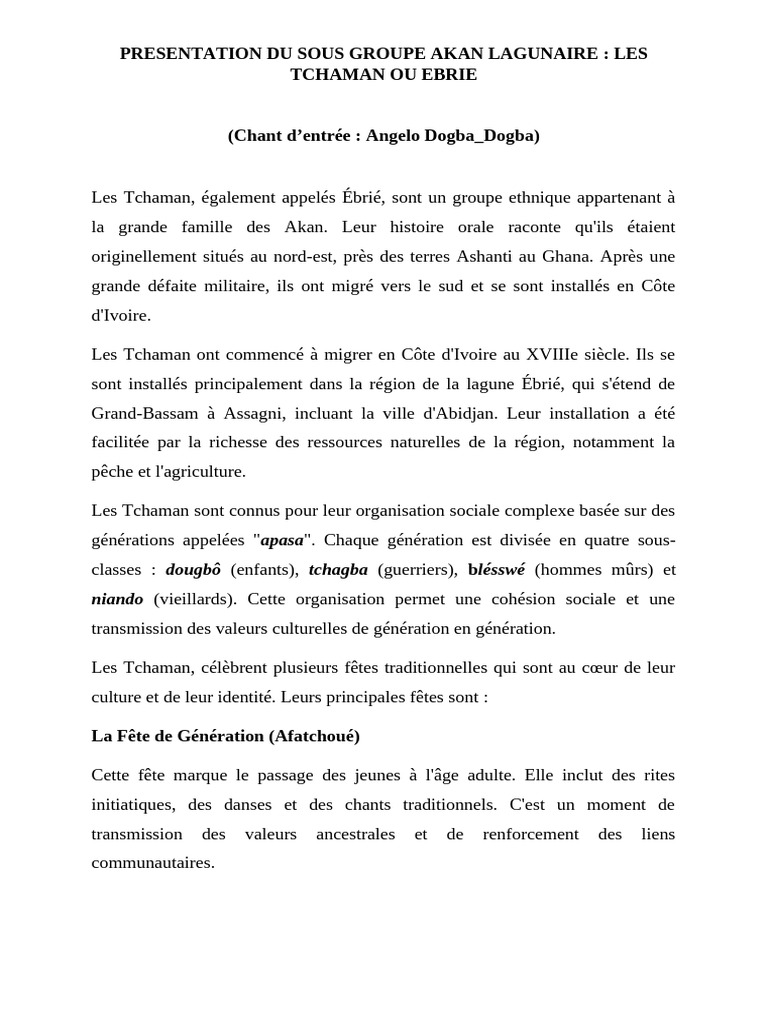 Culture et Traditions des Tchaman Ébrié | PDF