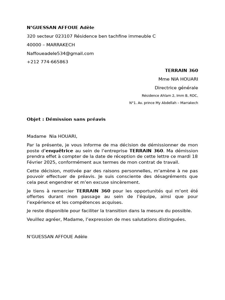 Démission d'Adèle N'Guessan Affoue | PDF