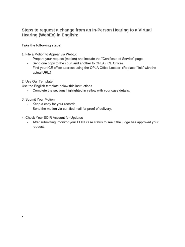Request to Change Hearing to WebEx | PDF | Removal Proceedings ...