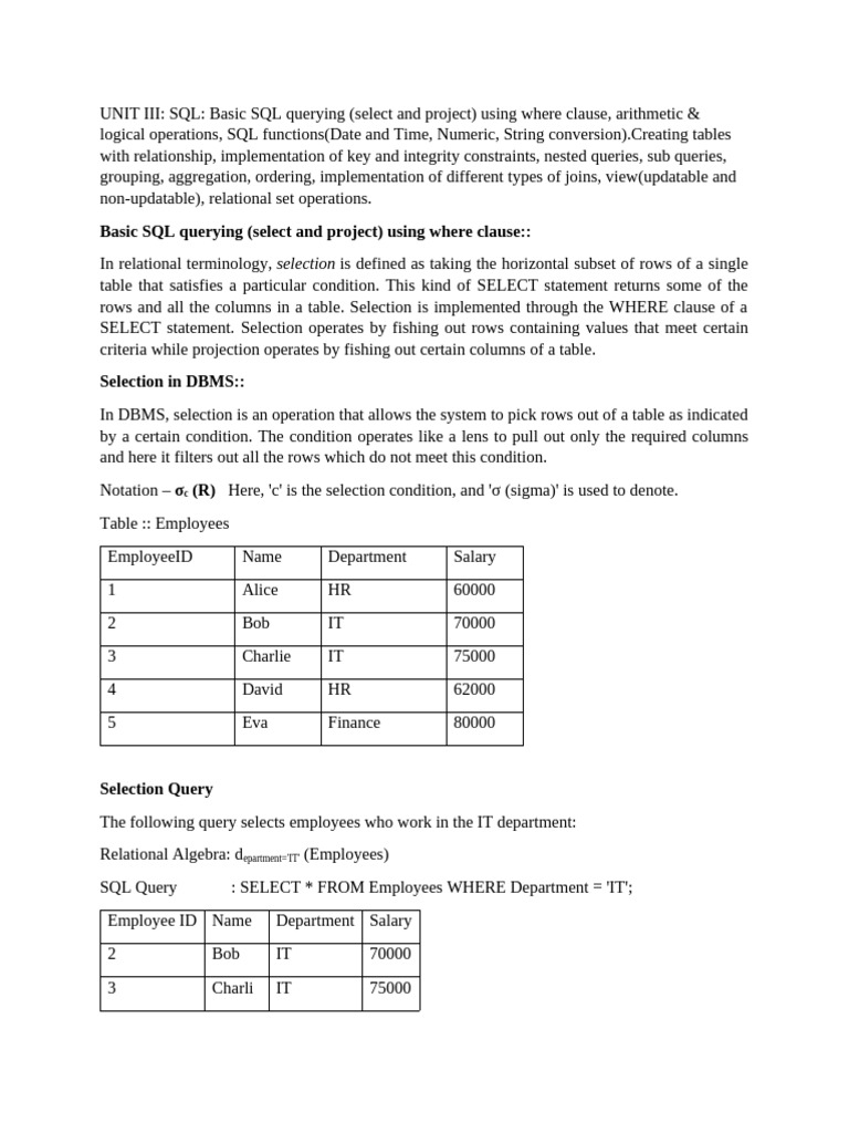 SQL Querying: Selection, Projection, and Joins | PDF | Sql ...