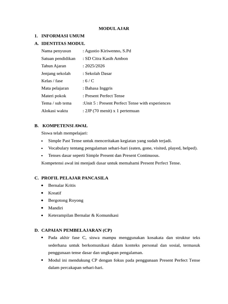 Modul Ajar Present Perfect Tense SD | PDF