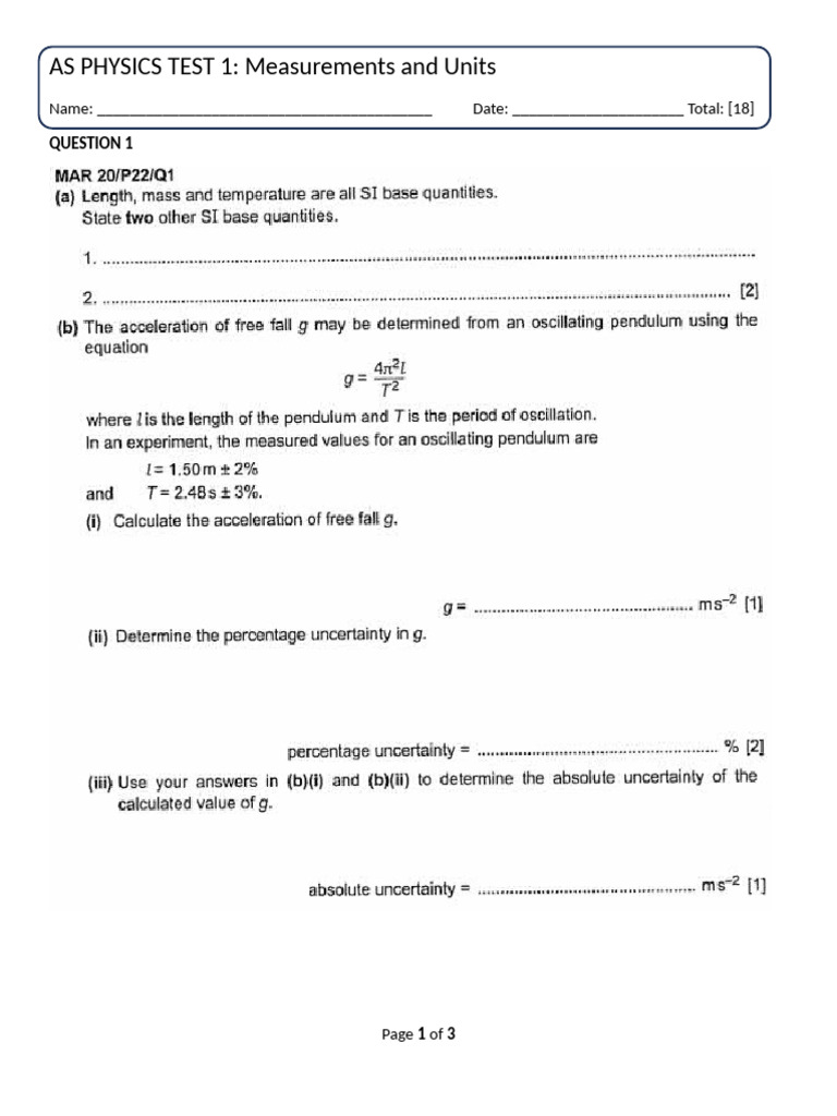 As Physics Test 1 | PDF