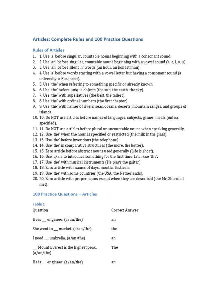 Articles Rules and Practice Questions | PDF | Grammatical Number | Noun