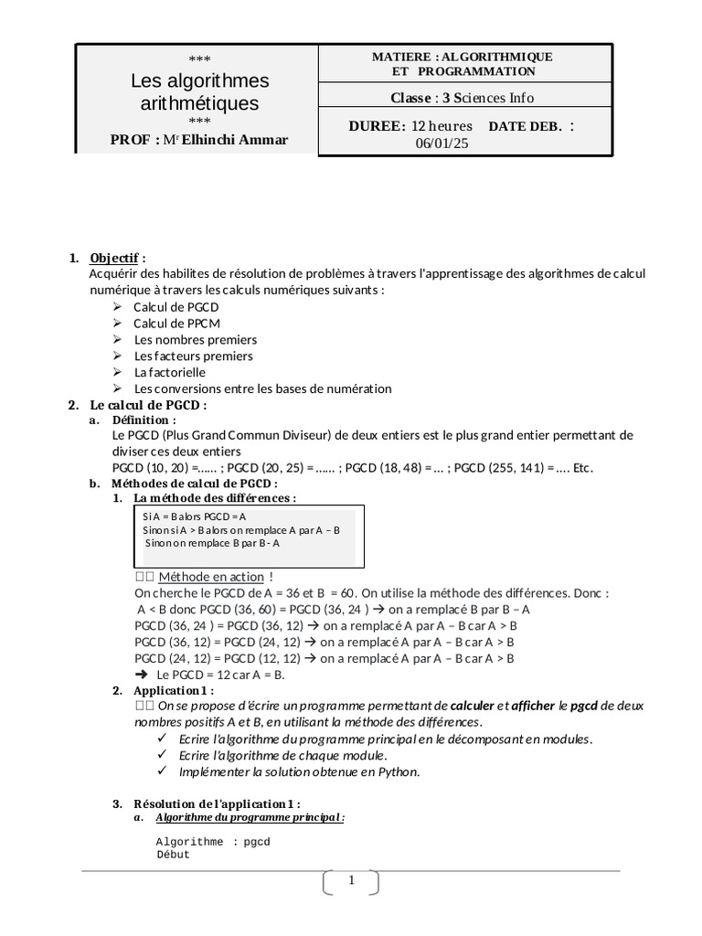 Algorithmes de calcul : PGCD, PPCM, Primes | PDF | Programmation ...