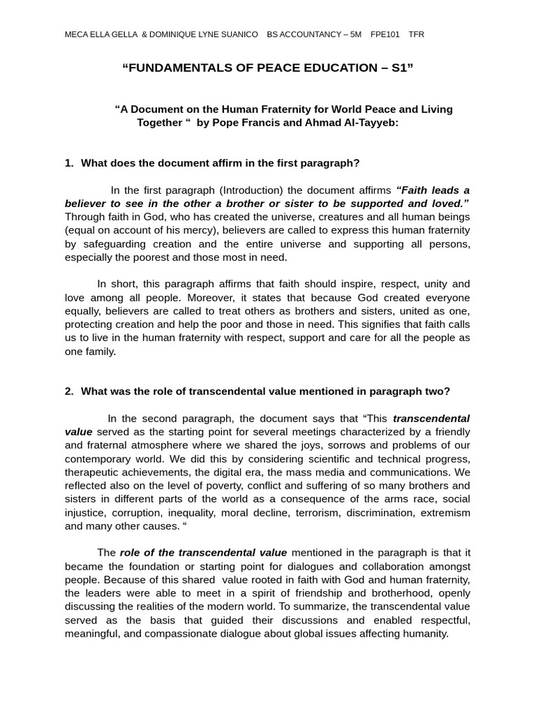 Gella & Suanico – Fpe Human Fraternity | PDF | Dignity | Love