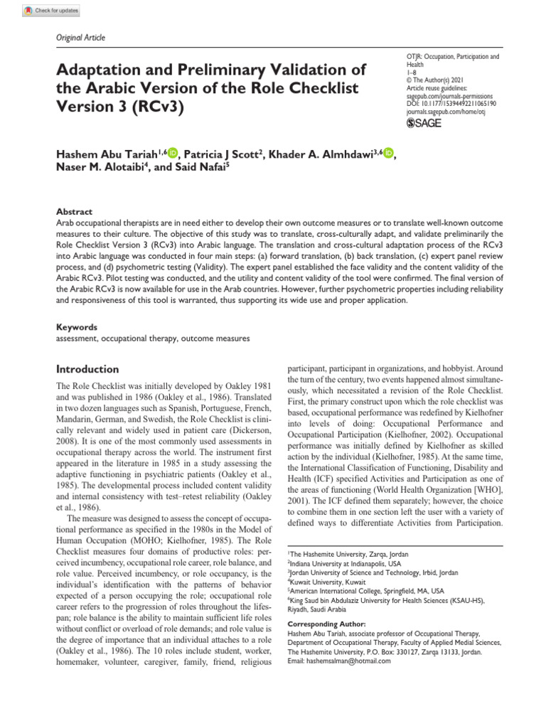 Arabic Adaptation of Role Checklist 3 | PDF | Validity (Statistics ...