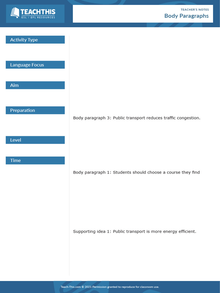 Body Paragraphs Writing Worksheet | PDF | Transport | Public Transport