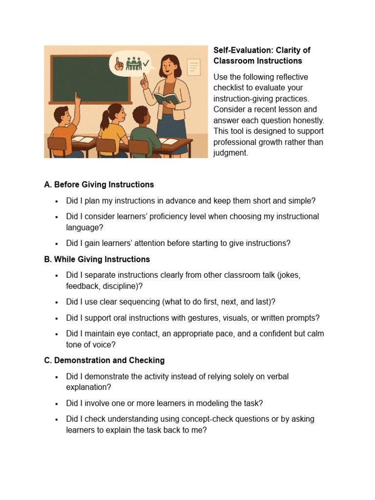 Classroom Instruction Clarity Checklist | PDF | Classroom | Cognitive ...