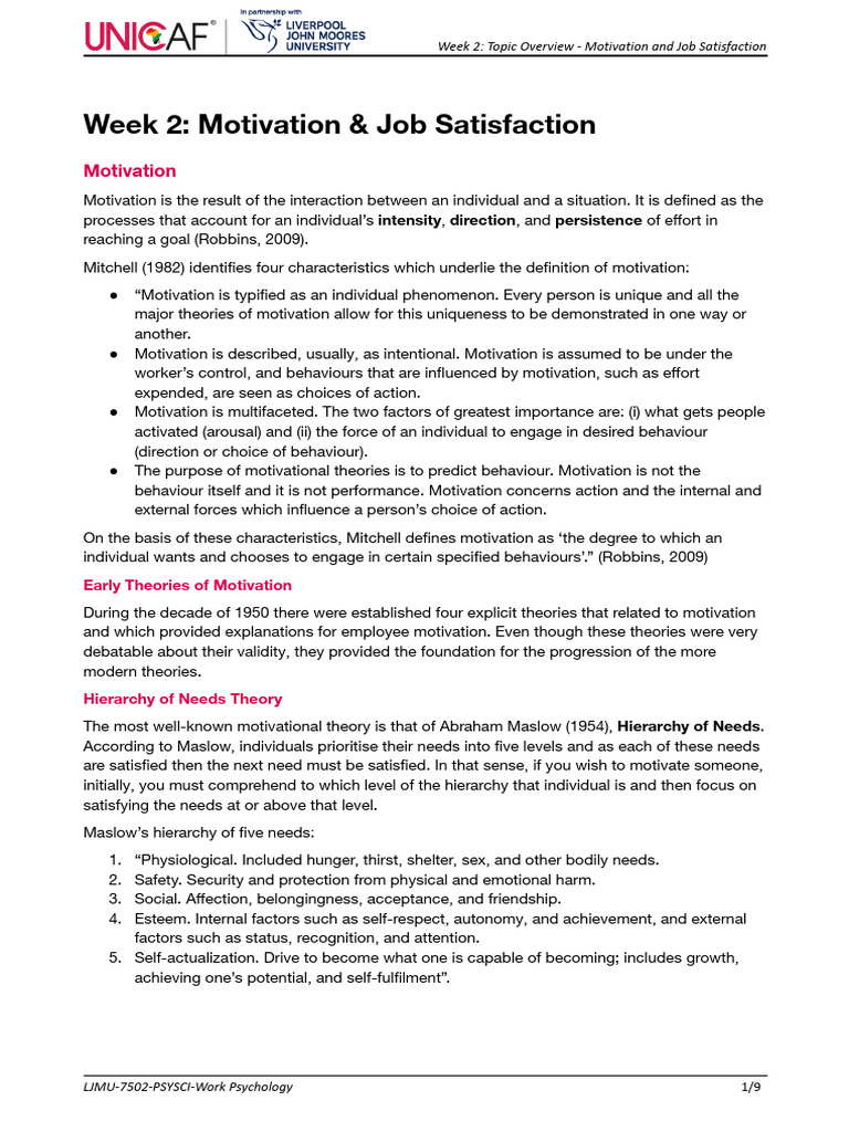 Week 2_ Topic Overview - Motivation and Job Satisfaction (1) | PDF ...