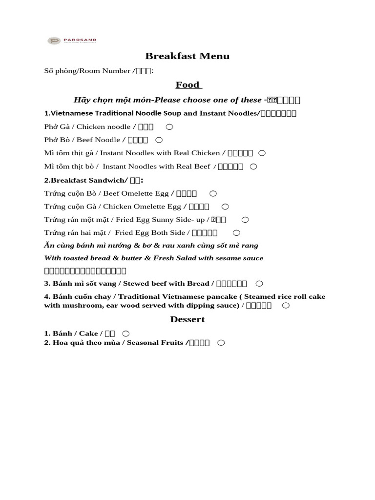 Breakfast Menu Ăn Sáng 1, Fixed.docx, Ban 1 | PDF