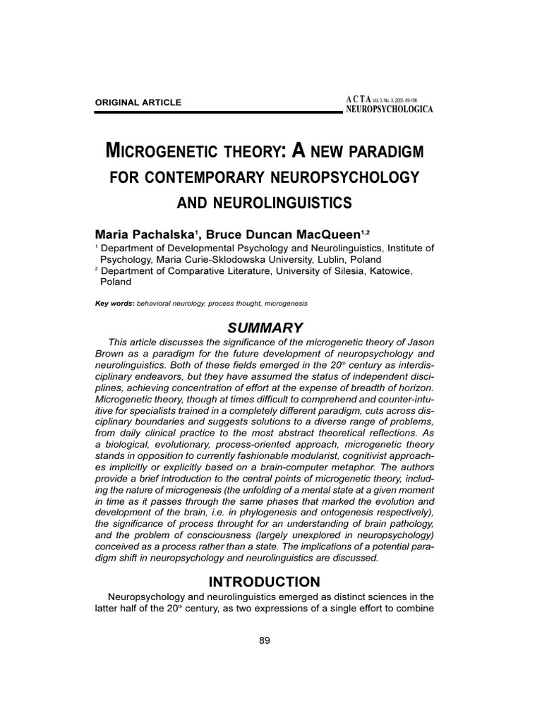 Microgenetic Theory in Neuropsychology | PDF | Consciousness | Cerebral ...