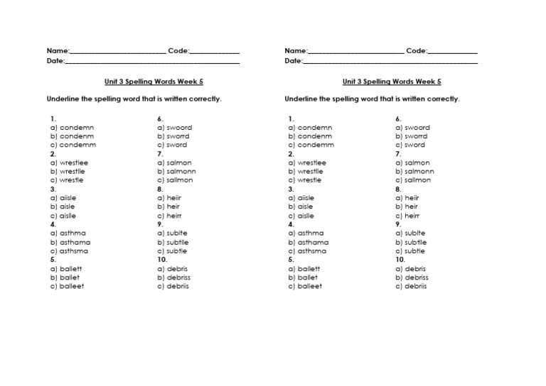 Unit 3 Week 5 Spelling Quiz | PDF