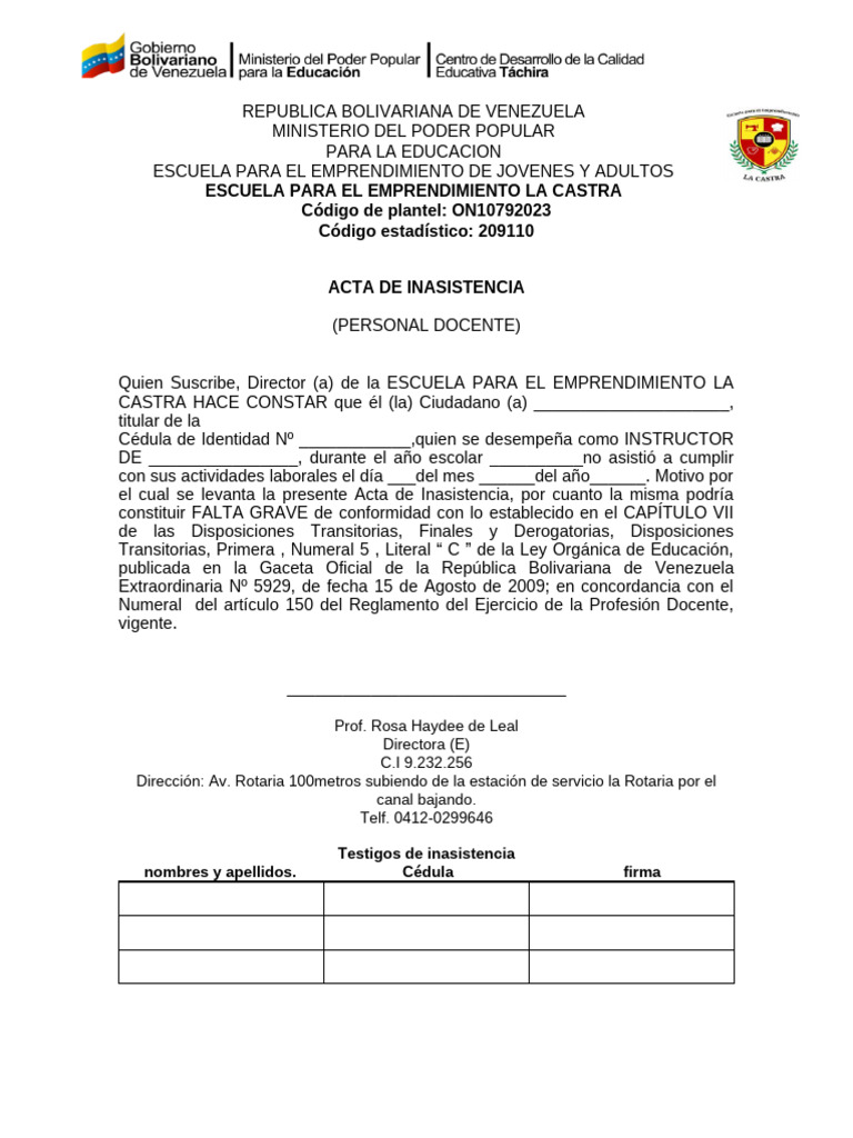 Acta de Inasistencia Docente Venezuela | PDF