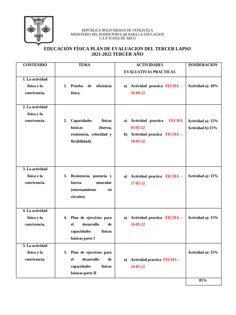 Plan de Evaluacion Del Tercer Lapso 3 Año 2021-2022 | PDF