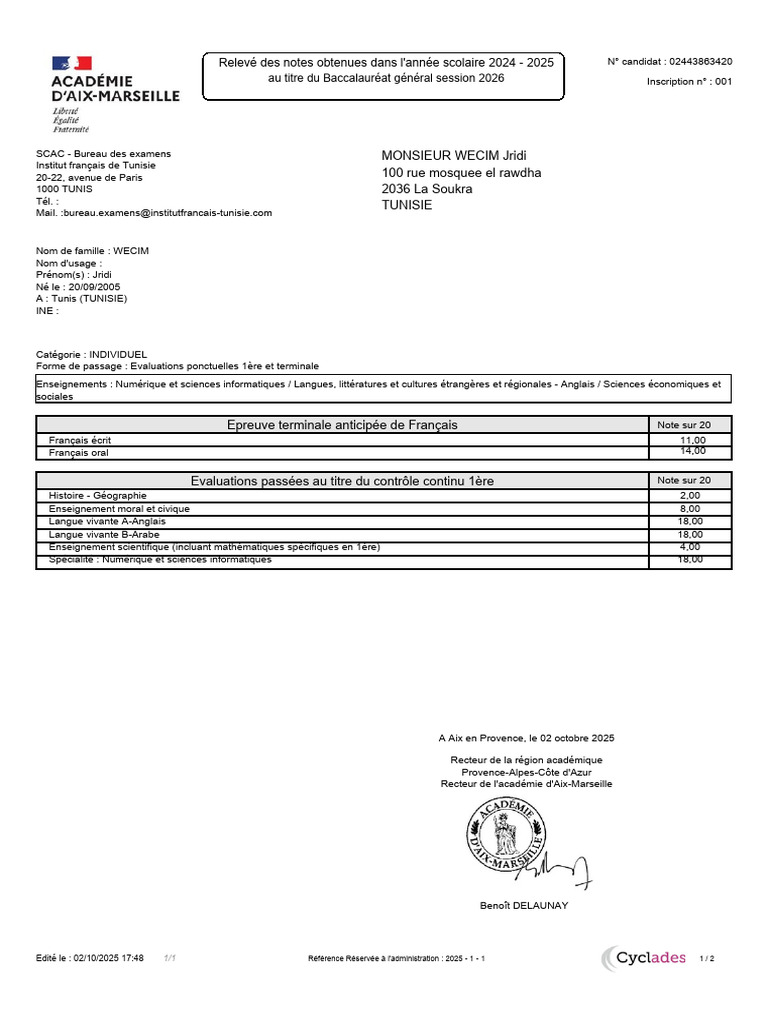 Relevé de notes Baccalauréat 2026 | PDF