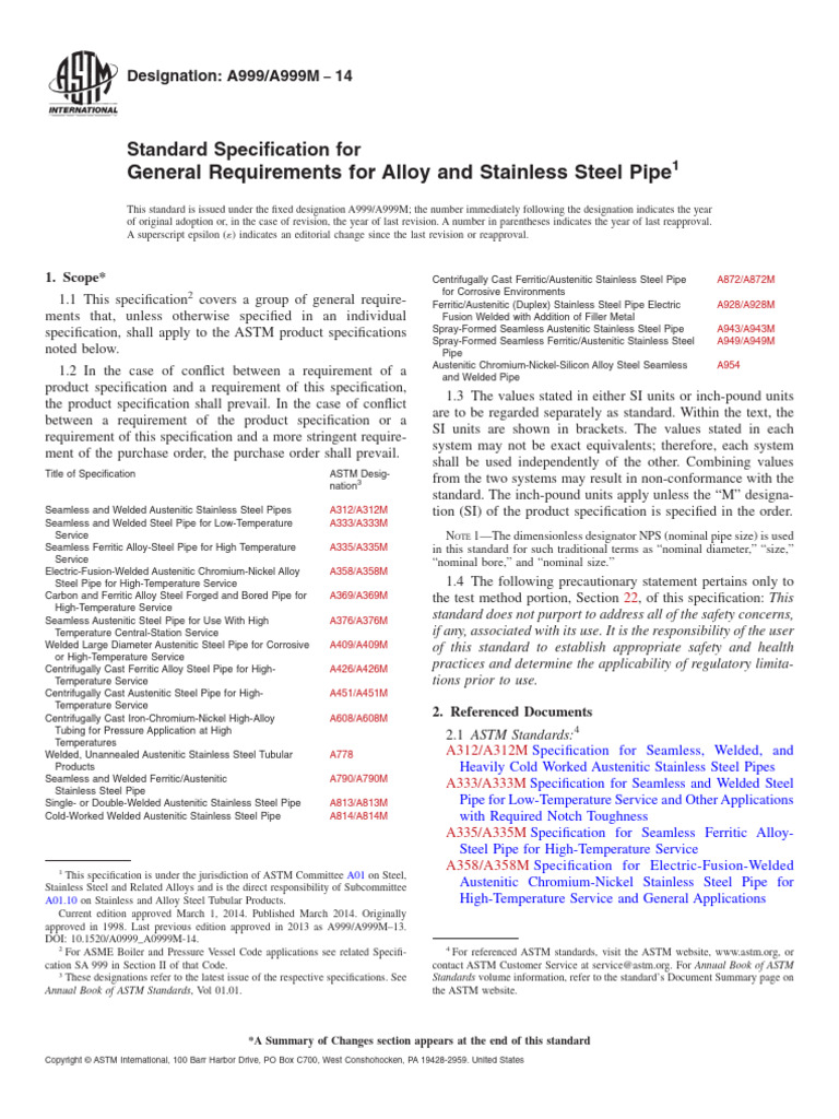 ASTM A999/A999M Standard for Steel Pipe | PDF | Pipe (Fluid Conveyance ...