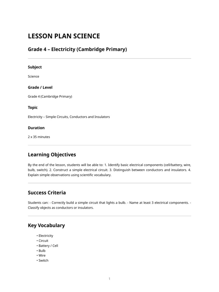Grade 4 Electricity Lesson Plan | PDF | Electricity | Insulator ...