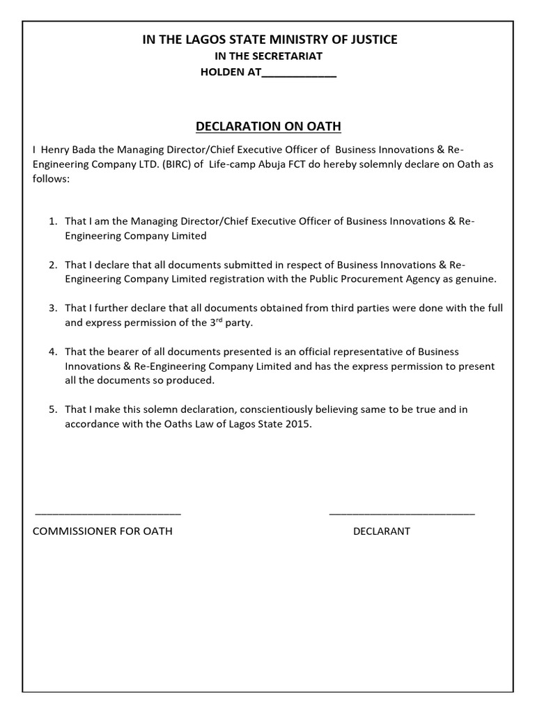 Lagos State Oath Declaration Document | PDF