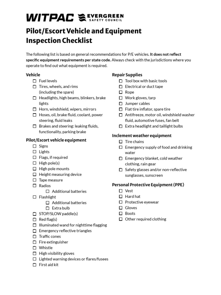Pilot Vehicle Inspection Checklist | PDF