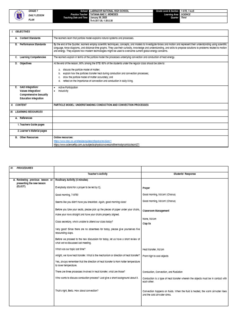 Grade 7 Science Lesson Plan: Heat Transfer | PDF | Thermal Conduction ...
