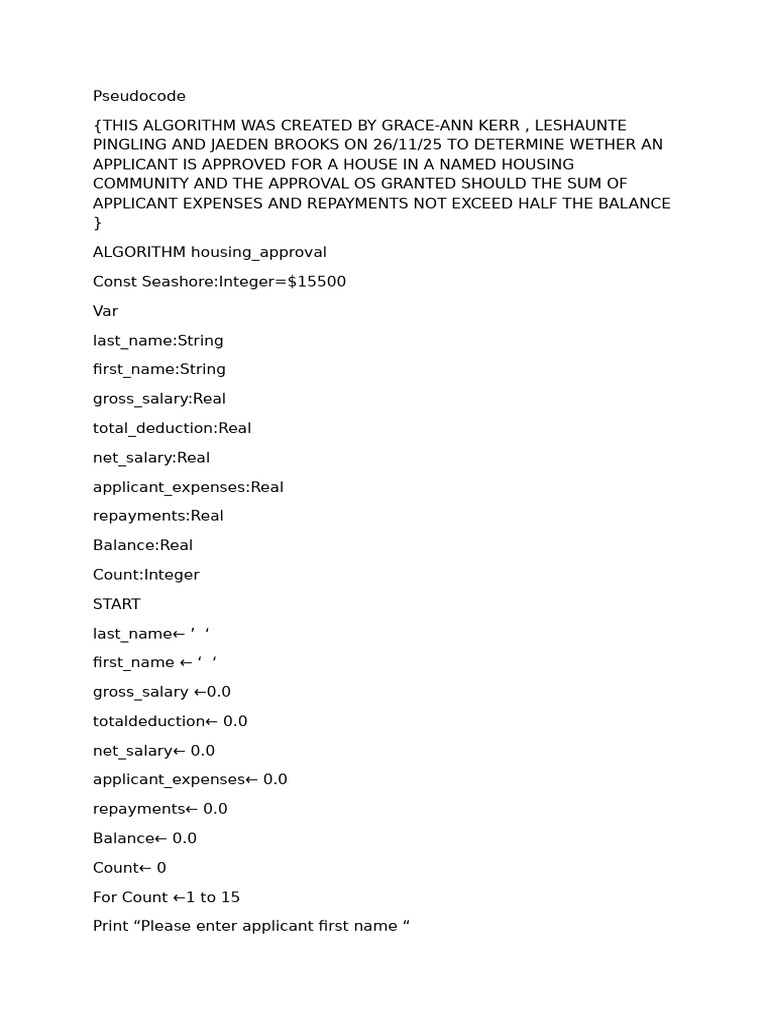 Housing Approval Algorithm in Pseudocode | PDF | Computer Programming ...