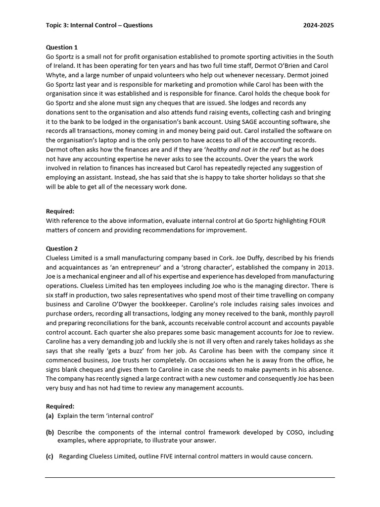Internal Control Evaluation Questions | PDF | Bookkeeping | Accounts ...