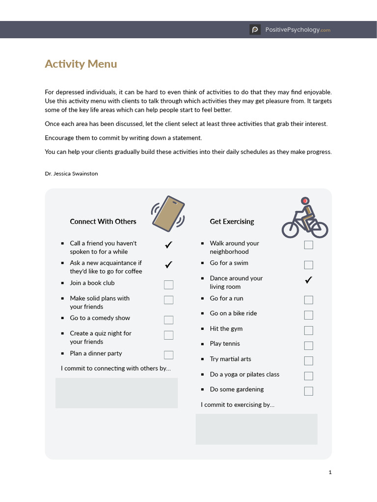 Activity Menu for Depression Recovery | PDF