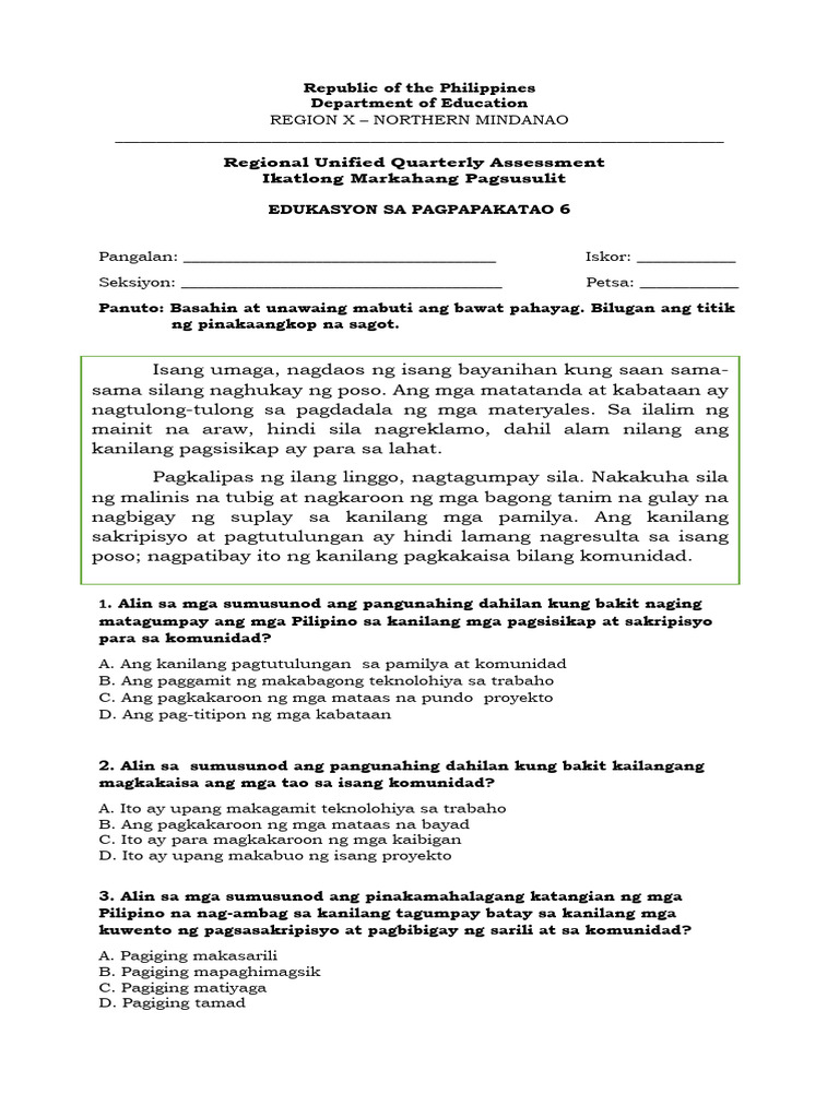 Grade 6 VE 3rd Q RUQA Test Items | PDF