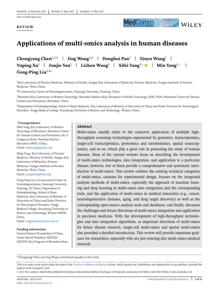MedComm - 2023 - Chen - Applications of Multi‐Omics Analysis in Human ...