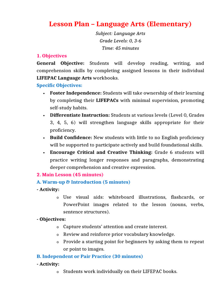 Elementary Language Arts Lesson Plan | PDF | Reading Comprehension ...