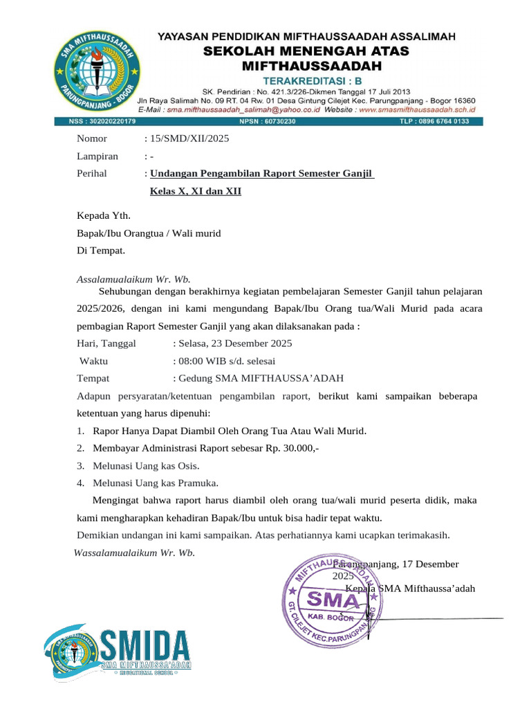 Undangan Pengambilan Raport Semester Ganjil | PDF